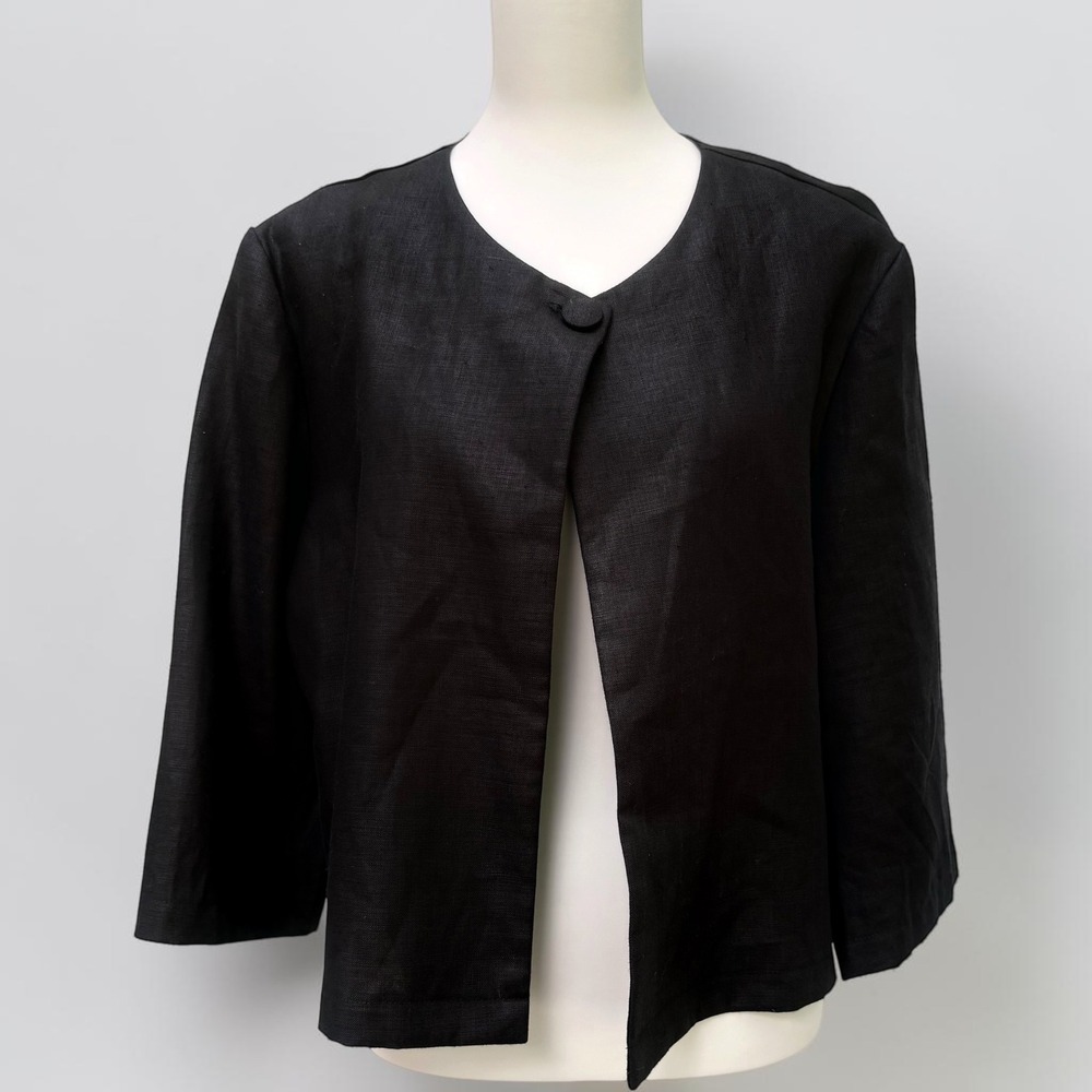 Audrey‎ 100% Irish Linen Jacket Cape M Black Minimalist Open Front Cropped Boxy